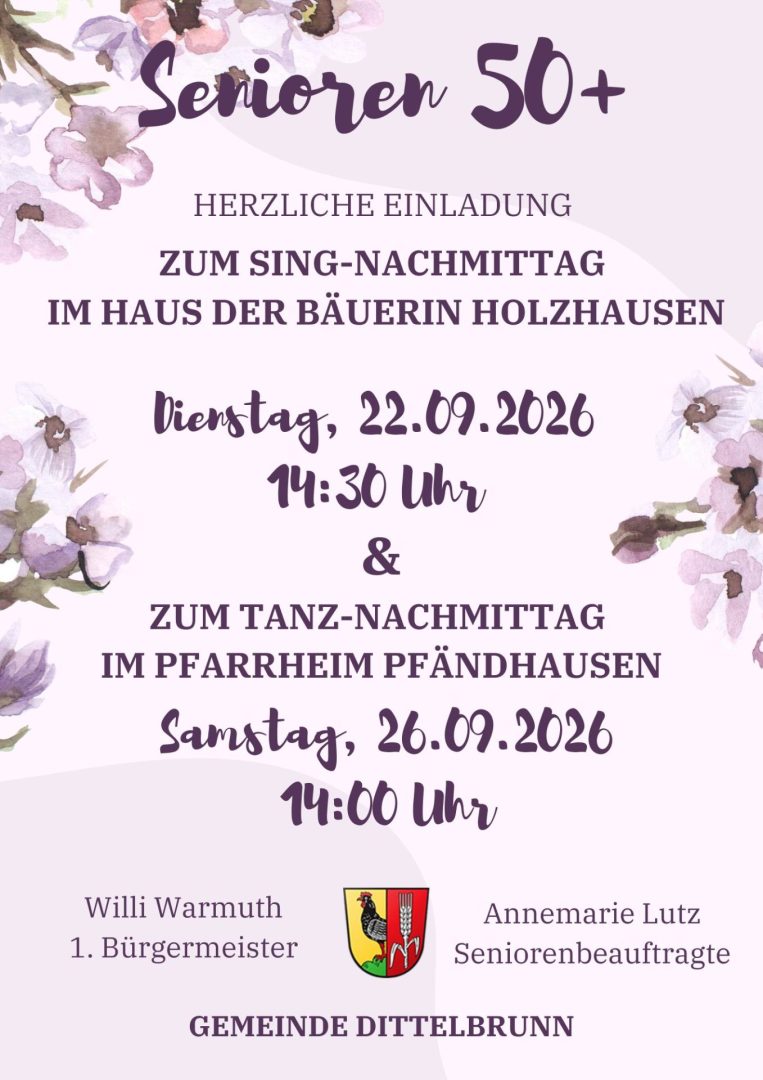Senioren 50+ Singnachmittag 22.09. und Tanznachmittag 26.09.